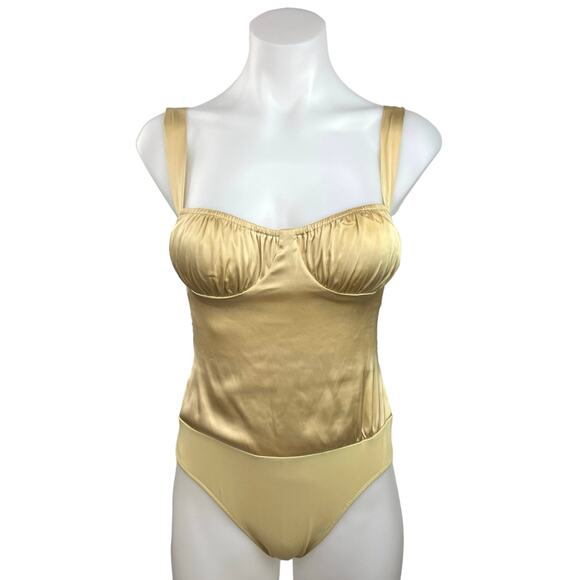 Danielle Bernstein Gold Satin Ruched Camisole Cami Tank Corset Bodysuit Top - Picture 3 of 7